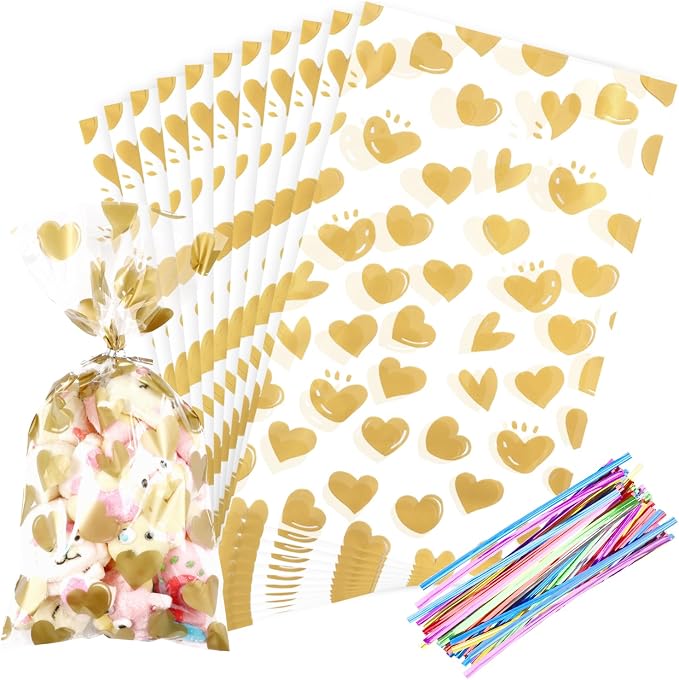 COQOFA 100Pcs 7X12IN Gold Heart Cello Cellophane Treat Bags Gift Party Favor by COQOFA