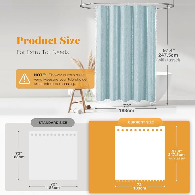 72x96 Extra Long Boho Linen Heavy Duty Shower Curtain Set, Fog Blue | Extra - Image 3