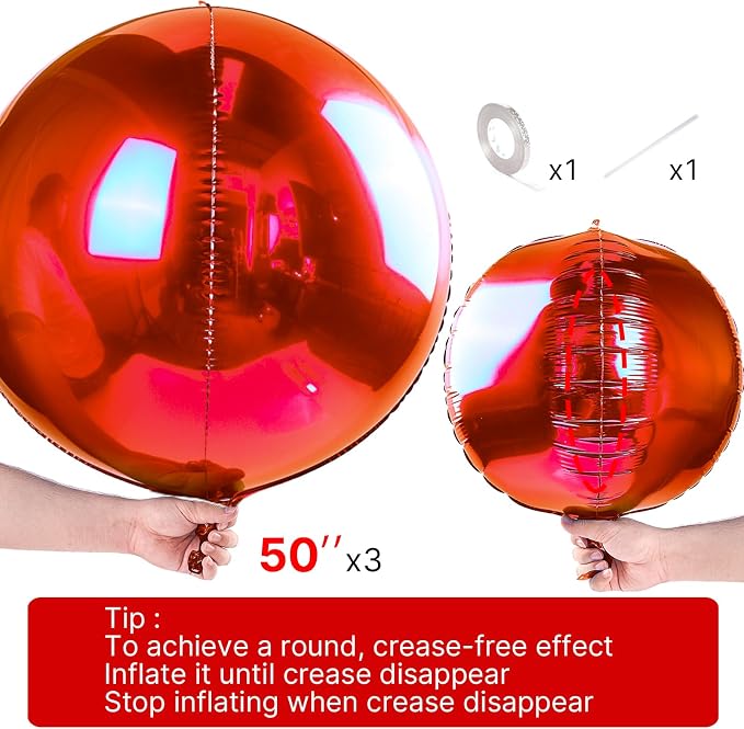 PartyWoo Red Large Round Giant 4D Jumbo Inflatable Foil Balloons 3pcs | 50 Inch - Image 4