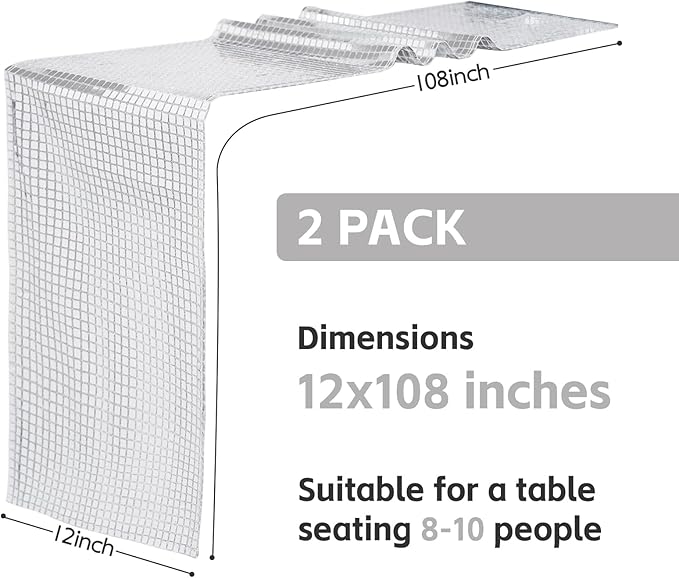 SquarePie Disco Table Runner 2 Pack - Silver Mirror Sequin Glitter Foil Runner for Disco Party Decor Retro 70s 80s Theme, Bachelorette Birthday Dance Decoration 12x108 Inch