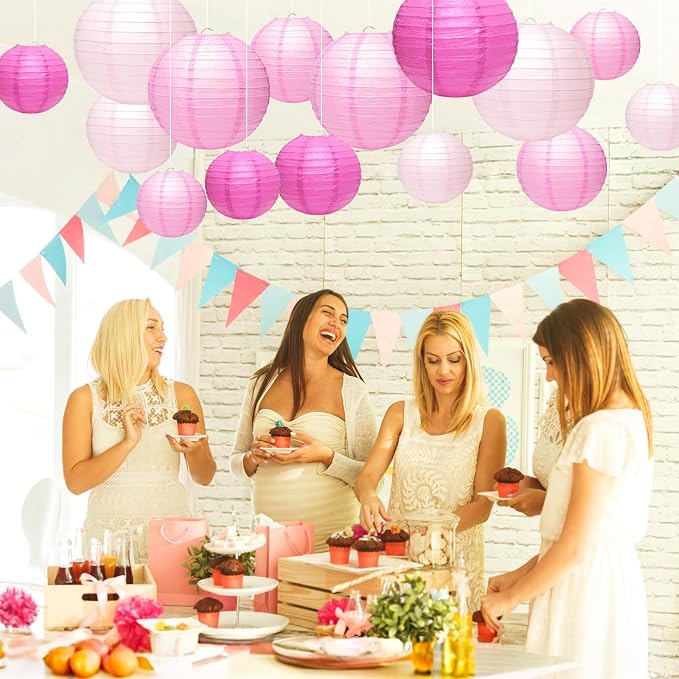 21Pcs Pink Paper Lanterns, 4-10in Hanging Decor, Valentine's Day Party | Pink - Image 7
