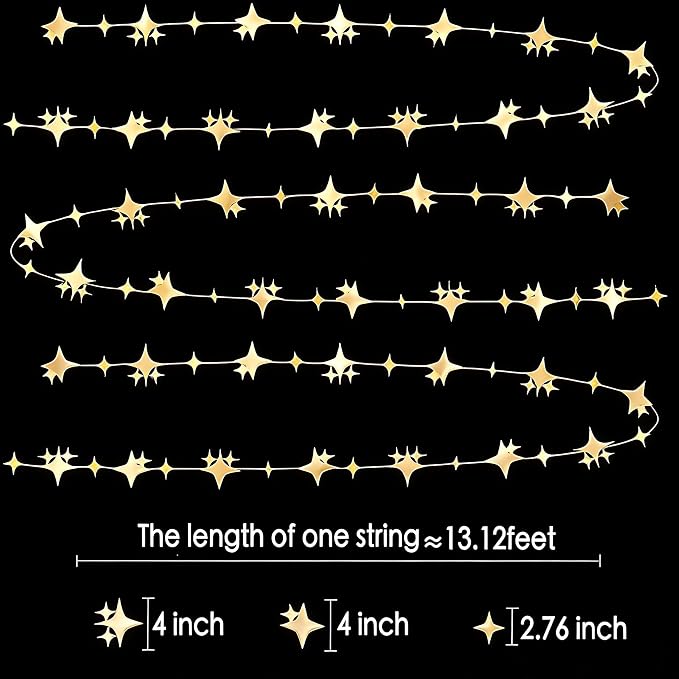 Glitter Champagne Four-Angle Star Paper Garland Banner Décor 40 Feet Twinkle - Image 2
