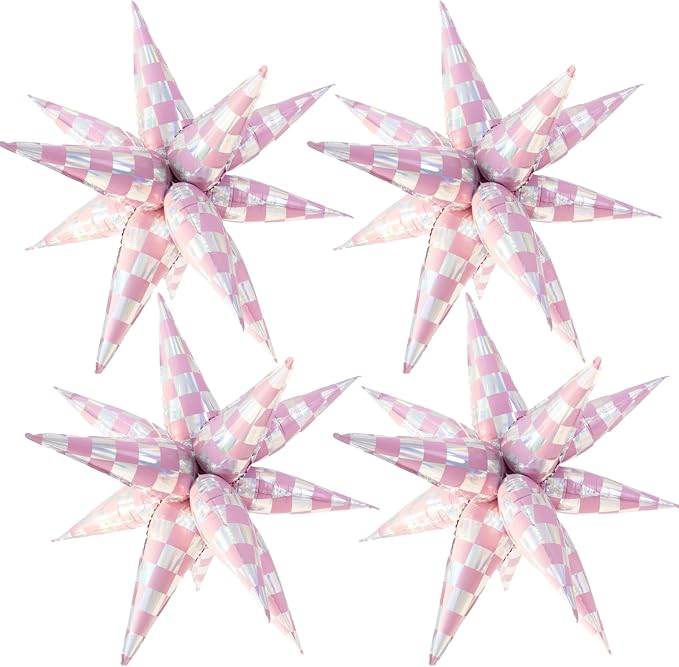 Light Pink Balloons Iridescent Gingham Checkered Explosion Star Balloons Girls by Enimapod
