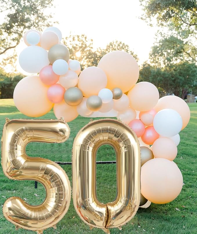 Light Gold 50 Number Balloons 40 Inch White Gold Giant 50 Foil Mylar Helium | - Image 2