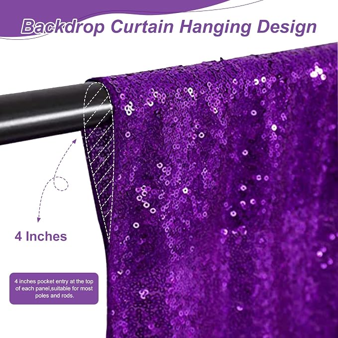 Purple Sequin Backdrop 2 Pieces 2ftx8ft Wedding Glitter Curtain Backdrop Arch - Image 3