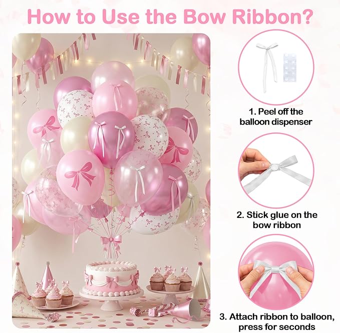 Pink Bow Balloons, 12 Inch Pastel Pink White Bow Printed Balloons - Image 8