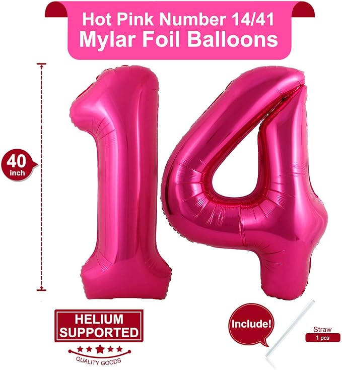 40 Inch Hot Pink 14 Number Balloons Giant Jumbo Huge 14 or 41 Foil Mylar Helium - Image 2
