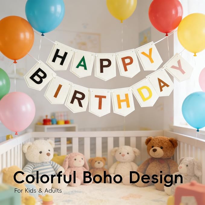 Colorful Happy Birthday Banner Decorations, Felt Bohemian Rainbow Birthday - Image 2