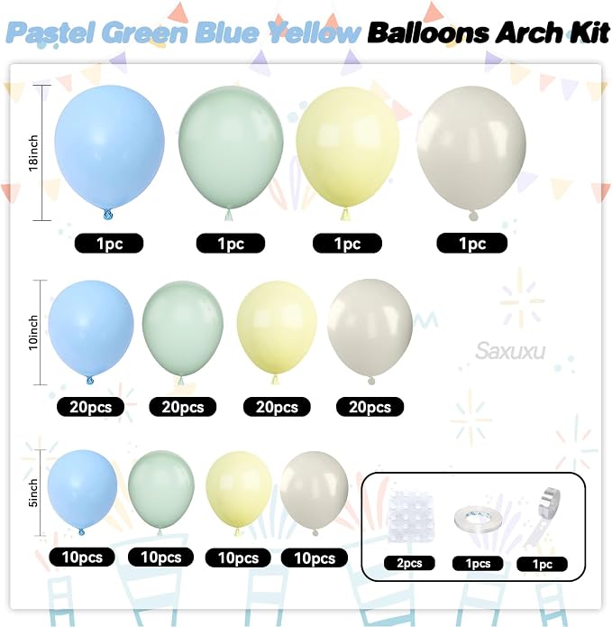 Pastel Green Blue Yellow Balloon Arch Kit, Ivory White Balloons - Image 2