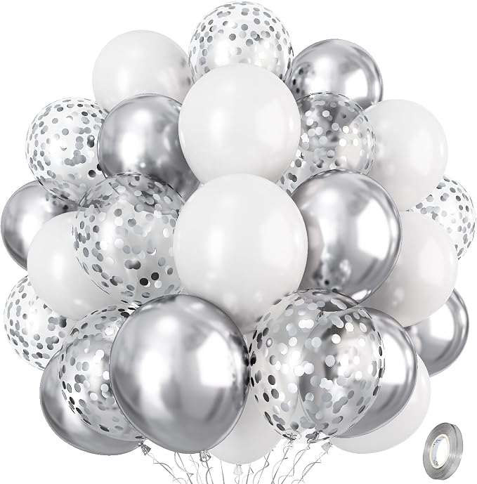 Silver and White Balloons, 12 Inch Metallic Silver White Latex Balloons Set by Isndare