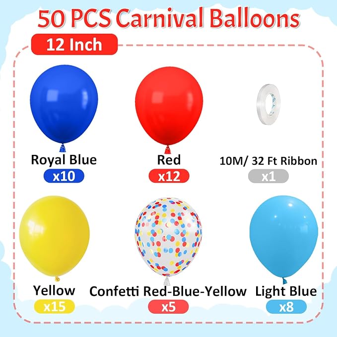Red Yellow Blue Balloons, 12 Inch Royal Light Blue mattee Red Yellow Confetti - Image 2