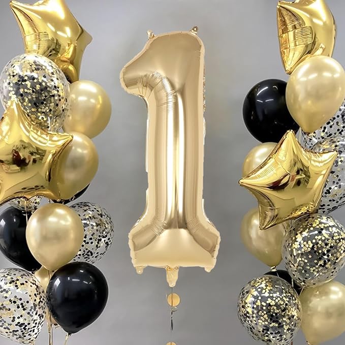 Champagne Gold Large Number 1 Balloon, 40 Inch Light Gold Foil Helium Number - Image 2