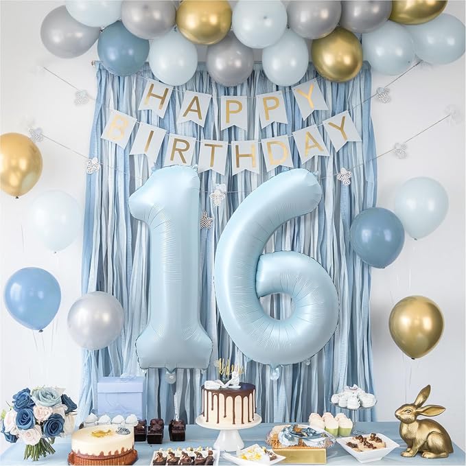 Big Number 16 Balloons, Light Matte Blue Foil 16 Balloon Numbers 40 Inch - Image 6