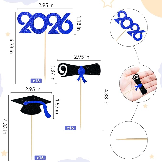 Pre-Assembled Graduation Cupcake Toppers 48 PCS, Class of 2026 Mini Cake - Image 2