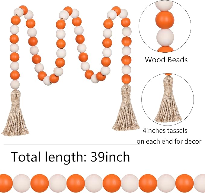 Meplait Wood Bead Garland, 39in Decorative Tassels Garland, Rustic Farmhouse - Image 6