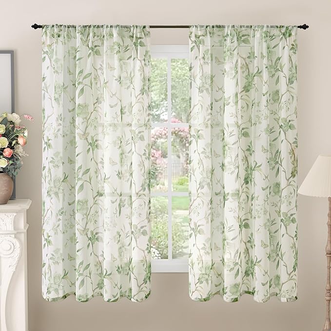 Sage Green Curtains for Bedroom Sheer, Spring Leaf Vines Patterned Farmhouse by Lajode