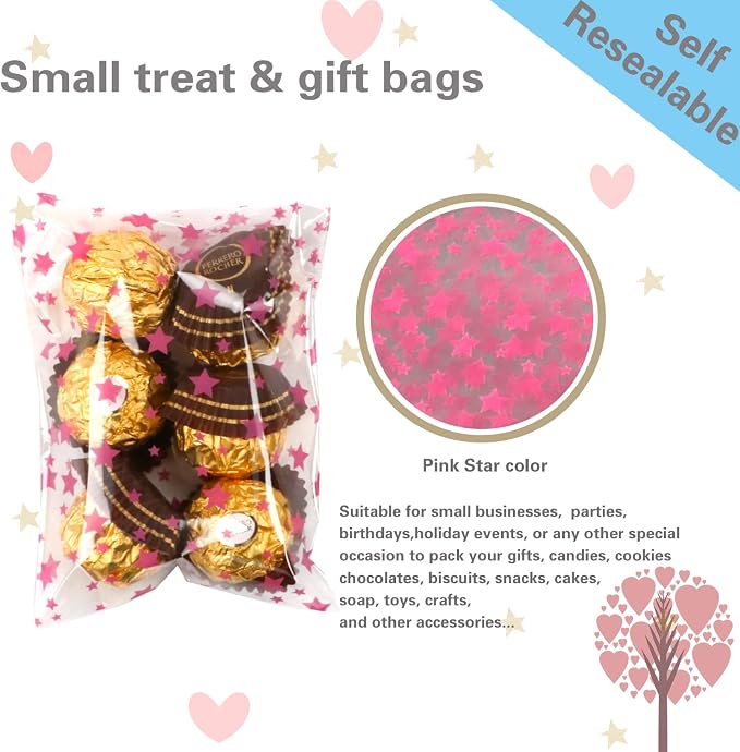 COQOFA 100 Pcs Star Printed Sealable Gift Wrap Cello Cellophane Bags Self - Image 3
