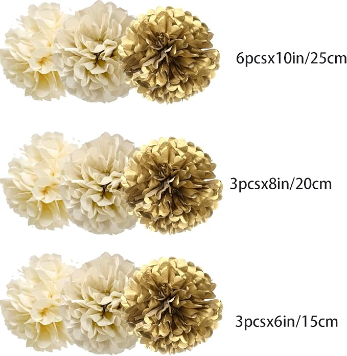 Gold Champagne Gold and Ivory Paper Pom Poms - Image 2