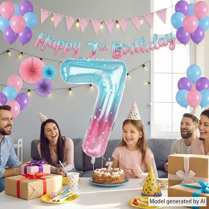 Pink Blue Number 7 Balloon 40 Inch, Foil Numeral - Image 2