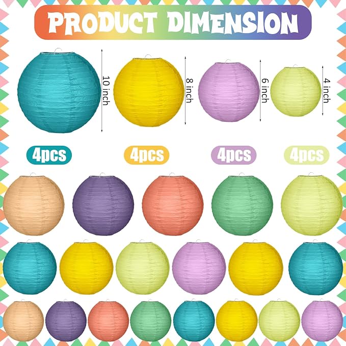 Glooglitter Vibrant 16 Pack Paper Lanterns Hanging Decorations 4” 6” 8” 10” - Image 3