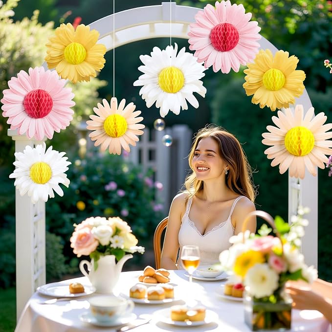SUNBEAUTY Daisy Flower Hanging Decoration 9Pcs Pink and Yellow Daisy Honeycomb - Image 8