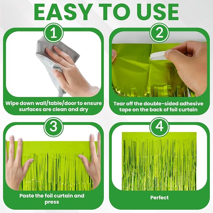 Matte Lime Green Tinsel Foil Curtains Backdrop Party Decorations | 2 PCS - Image 4