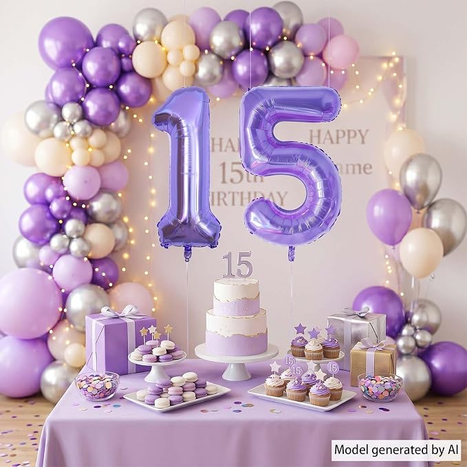 Purple Number 15 Balloon 40 Inch, Large Metallic Lavender Mylar Foil 15 Balloons - Image 6