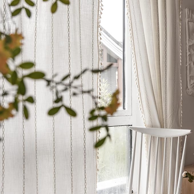 RoomTalks White Boho Farmhouse Kitchen Curtains 54 Inch Length French Striped - Image 7