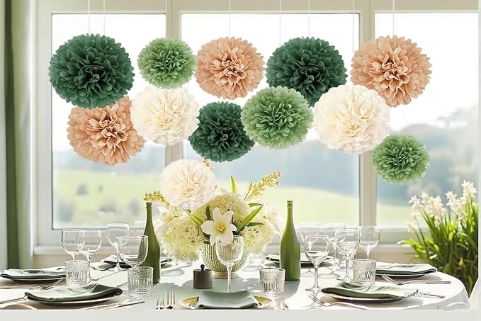 Capesaro Olive Sage Green 12PCS Paper Pom Poms Party Decorations - Image 4