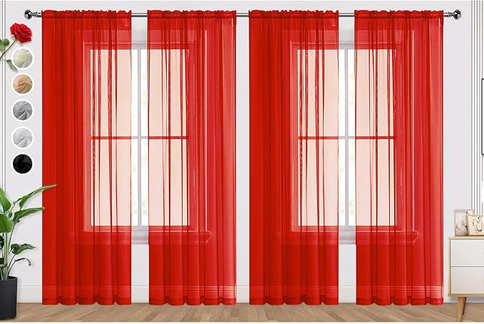 SpaceDresser Sheer Red Curtains 4 Panels Rod Pocket Semi-Sheer Curtain 108 by SpaceDresser