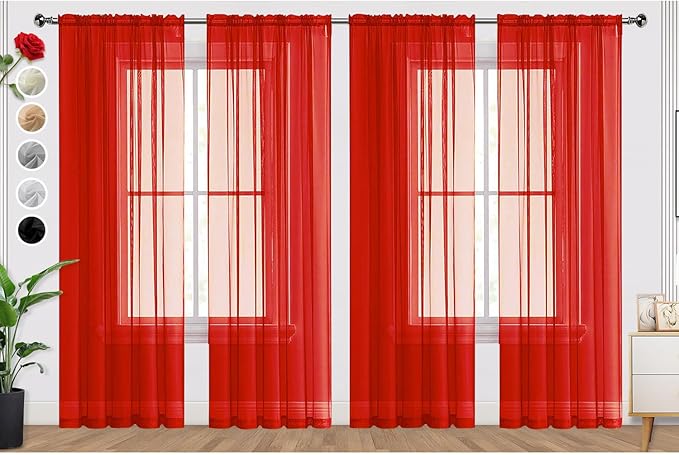 SpaceDresser Sheer Red Curtains 4 Panels Rod Pocket Semi-Sheer Curtain 72 by SpaceDresser