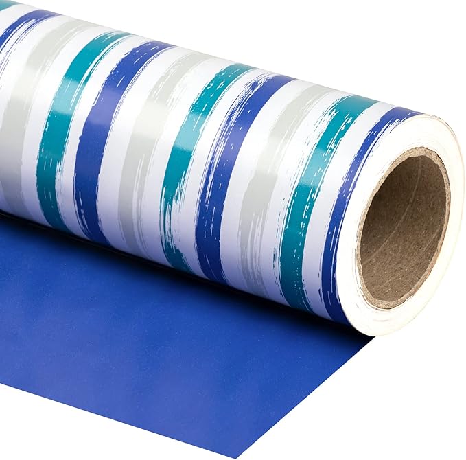 WRAPAHOLIC Reversible Blue Wrapping Paper - Mini Roll - 17 Inch X 33 Feet - Baby Boy Wrapping Paper for Birthday, Holiday, Wedding, Baby Shower