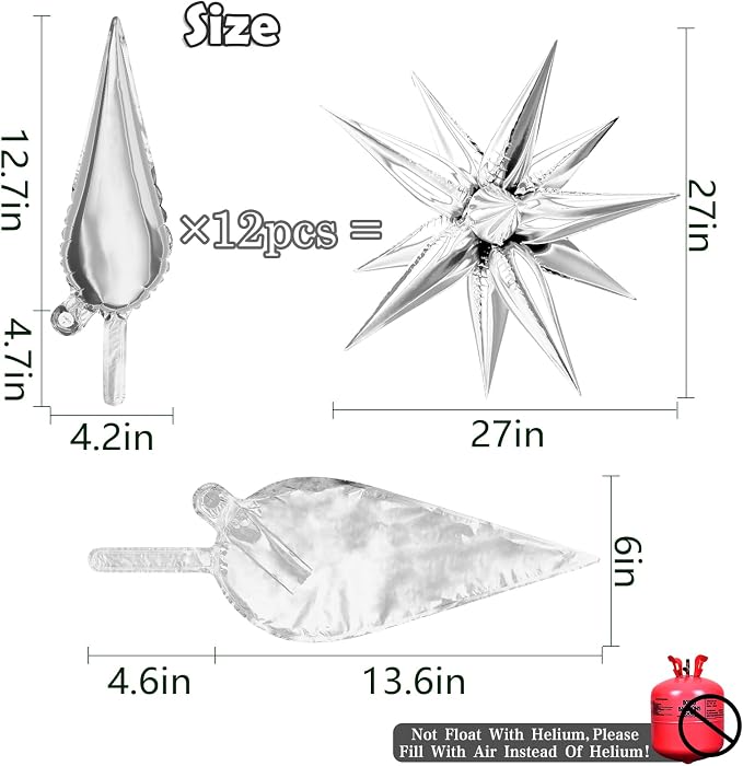 Silver Star Balloons, 12 Point Cone Explosion Star Foil Balloons | 60 Pcs - Image 2