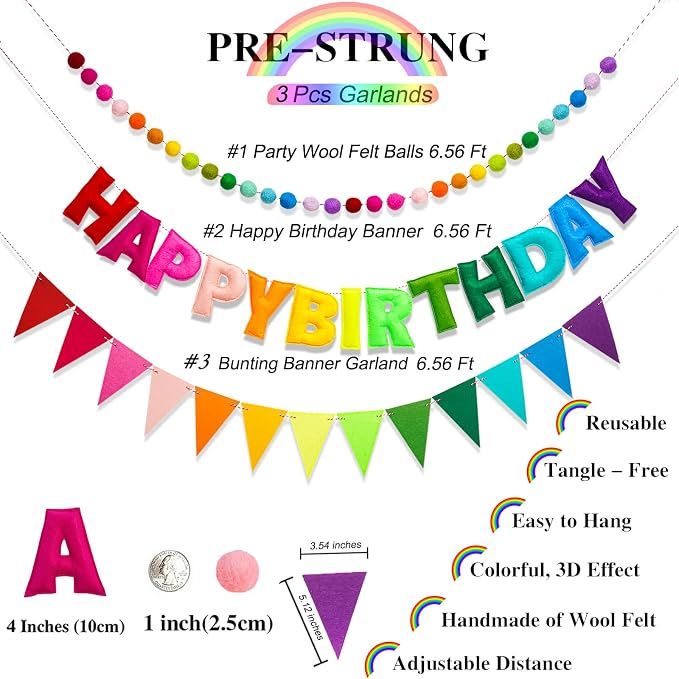 3 Pcs Pre-Strung Reusable Happy Birthday Banner, Handmade Wool Felt Ball Garland - Image 5