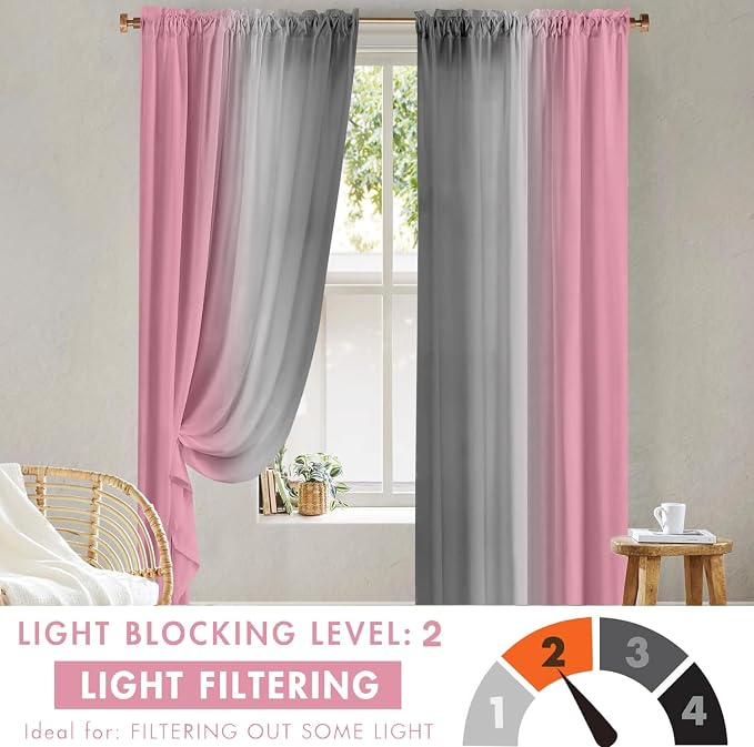 Pink Curtains 84 Inch Length 2 Panel Set Pink and Grey Ombre Curtains - Image 6