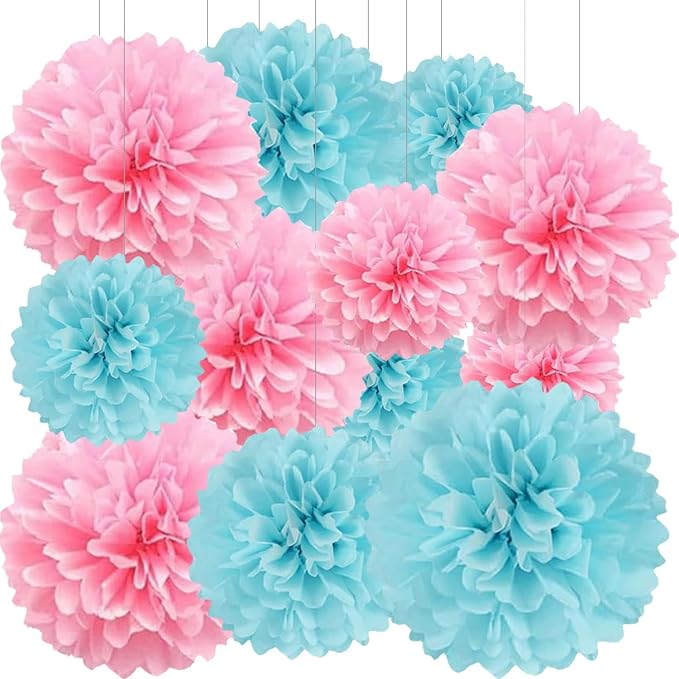 BRZIKWT 12 Pcs Pink Blue Tissue Paper Pom Poms by Unknown