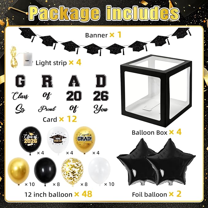 2026 Graduation Decorations Include String LED, Glitter Banner, 4 Black Balloon - Image 2
