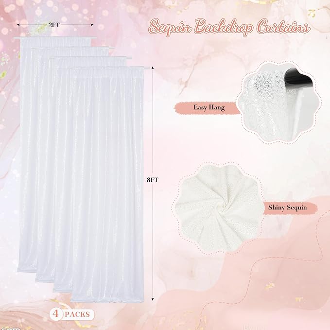 PartyDelight White Sequin Backdrop Curtains 2x8ft 4 Panels | Sparkly 3mm sequins - Image 2