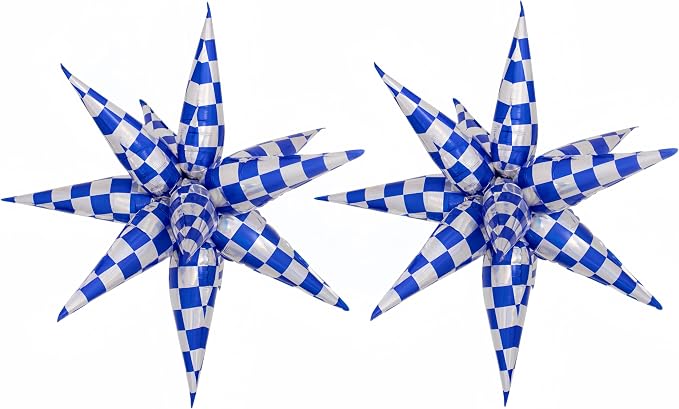 2 * 12 Pcs Blue Silver Iridescent Checkered Star Foil Balloons/Race Car by baoonworlld