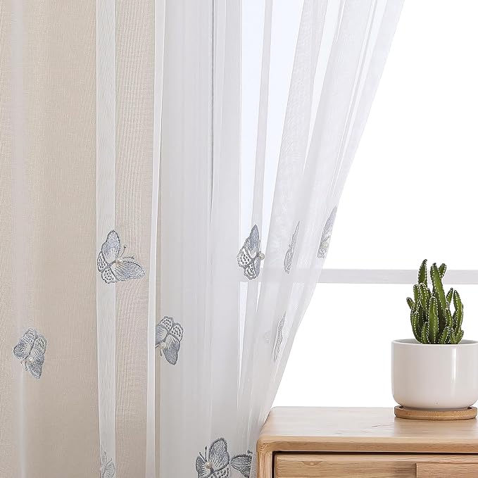 White Sheer Voile Curtains Blue Embossed Butterflies 54Wx96L Inch | Light - Image 5