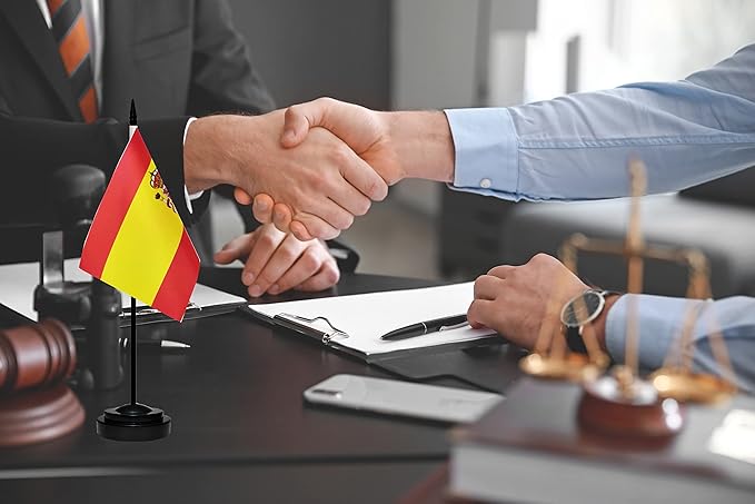 Spain Spanish Deluxe Desk Flag Set, Small Mini Miniature Spain Spanish Table Desktop Flags With Solid Pole, Black Base and Spear Top(2 Pack)
