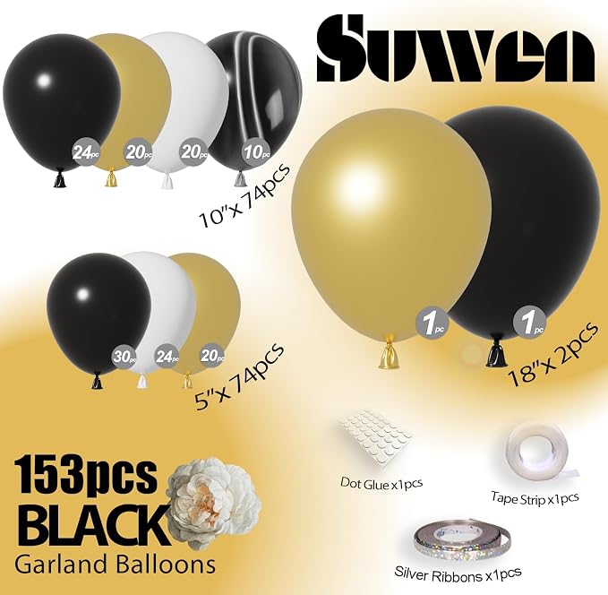 SUWEN 153Pcs Black and Gold Balloons Arch Kit 18 10 5 Inch Marble White | Black - Image 2