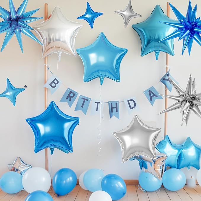 Blue Silver Star Balloons, 22/18/10 Inch Foil Balloons, Four-Pointed Balloon - Image 4