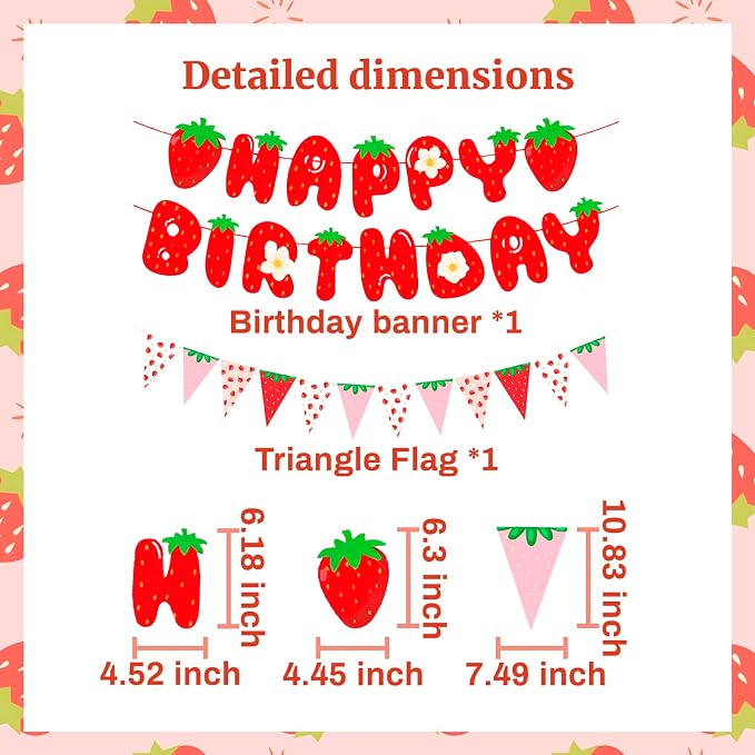 MEETINGU Strawberry Happy Birthday Banner and Strawberry Pennant - Image 2
