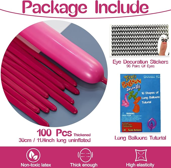 260 Balloons Hot Pink, Thickened 100 Pack Long Balloons Twisting Skinny Magic - Image 2