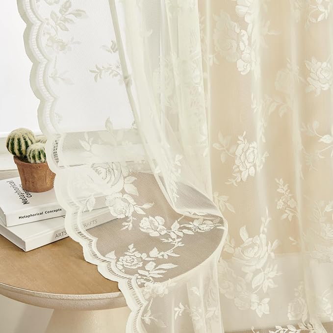 Cream Lace Curtains 45 Inch Length Victorian Floral Sheer Curtains by SEEKRIGHTHomeDecor
