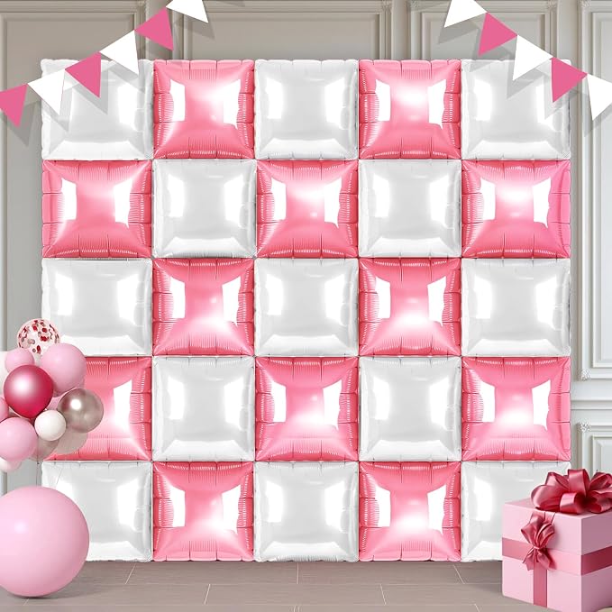 Pink and White Square Foil Balloons 25 Pcs Metallic Pink and White Balloons by Unknown