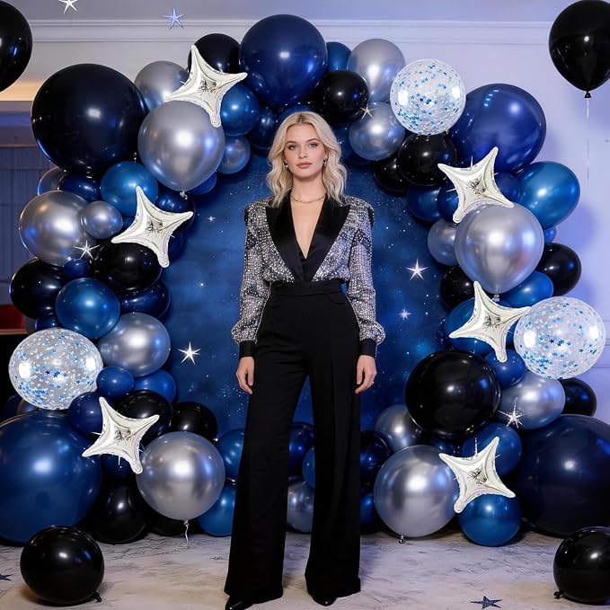 Blue and Black Balloons, Pearl Navy Blue Black Silver Dark Blue Star Confetti - Image 6