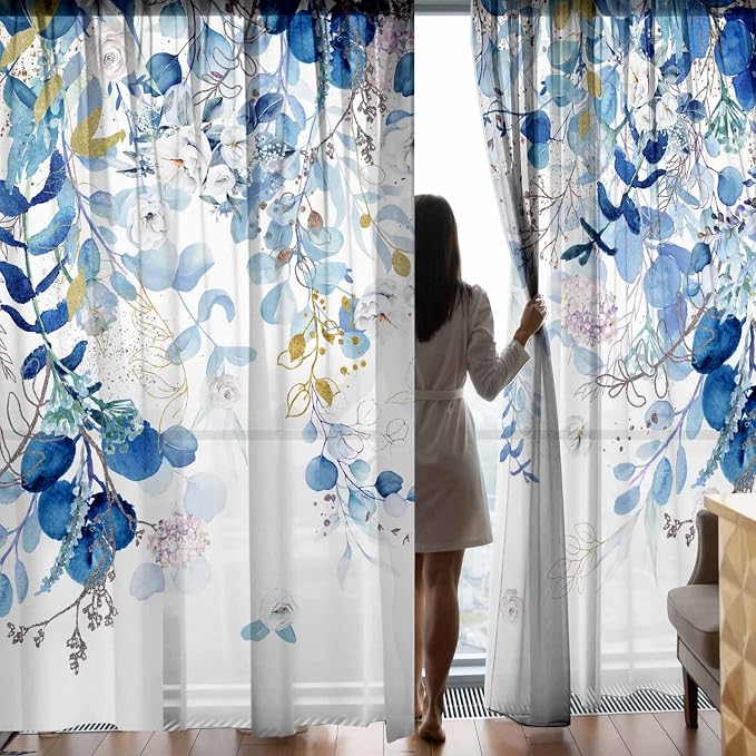 Blue and White Curtains for Living Room Spring Summer Blue Eucalyptus Leaves - Image 2