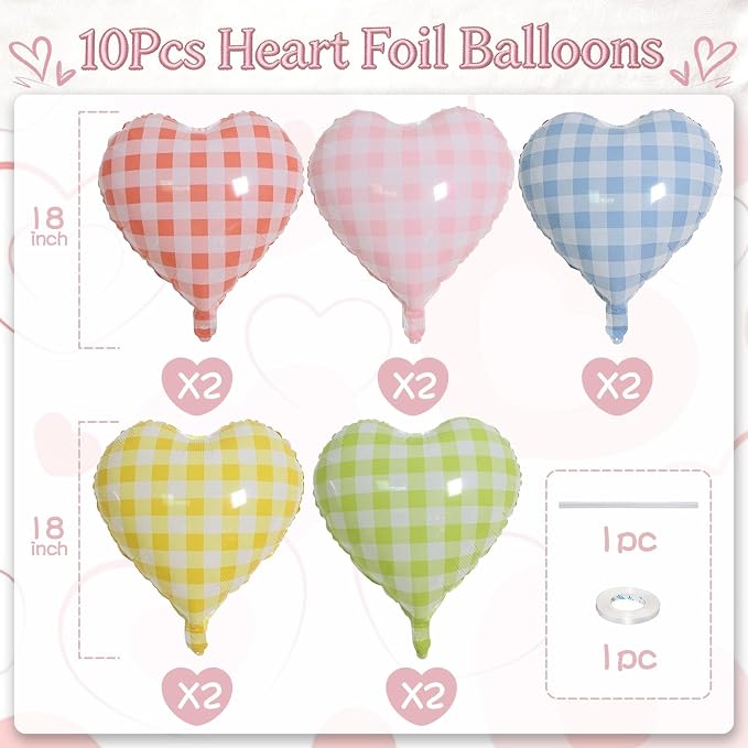 Pastel Checkered Heart Balloons, 18Inch Light Pink Blue Yellow Green Red - Image 2